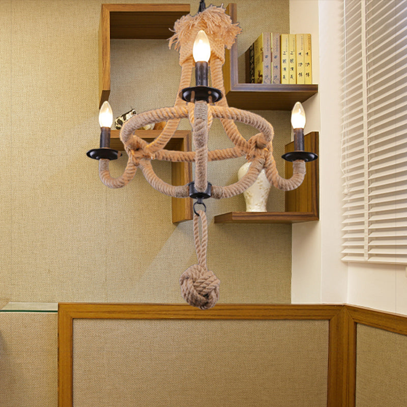 Country Style Brown Rope Hanging Lamp - Rustic 3-Headed Bowl Cage Light Fixture for Restaurants