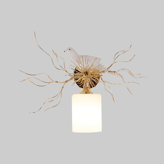 1-Head White Glass Wall Lamp for Bedroom - Loft Cylinder Lighting with Bird Accent