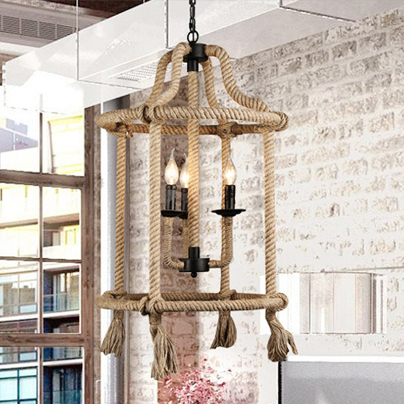 Brown Geometric Ceiling Light with Retro Style Cage Shade - Hemp Rope - 3 Lights - Dining Room Chandelier