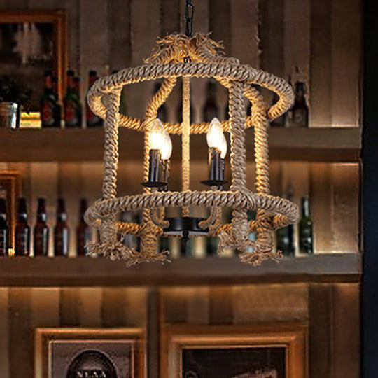 Lodge-Style Brown Pendant Lamp with 4 Rope Cage Shades - Stylish Hanging Light Fixture Perfect for Restaurants