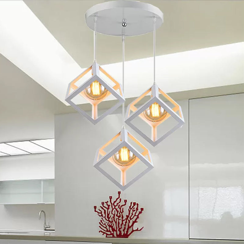 Metal Industrial Pendant Light with Wire Cage Shade - 3 Bulbs, Black/White, Living Room Ceiling Lamp