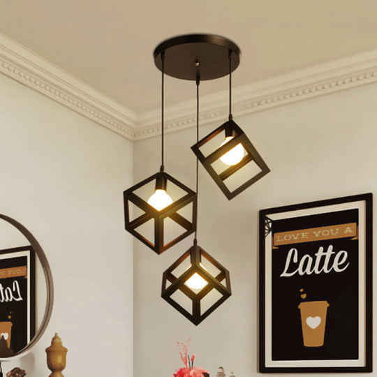 Metal Industrial Pendant Light with Wire Cage Shade - 3 Bulbs, Black/White, Living Room Ceiling Lamp