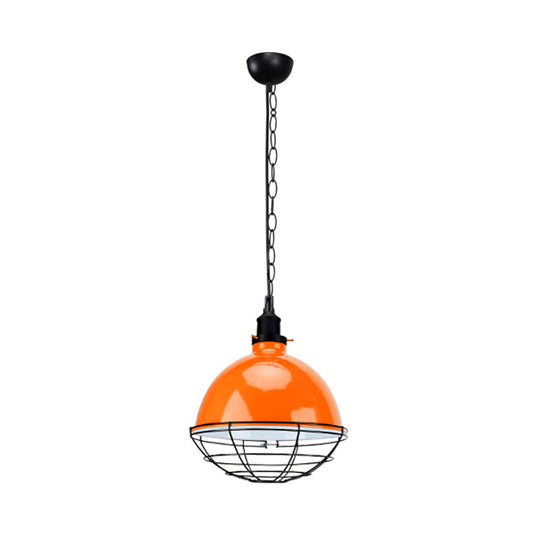 Retro Industrial Metal Pendant Light - Bowl Shade, 1 Bulb - Black/White/Red - Indoor Ceiling Light with Wire Guard and Chain