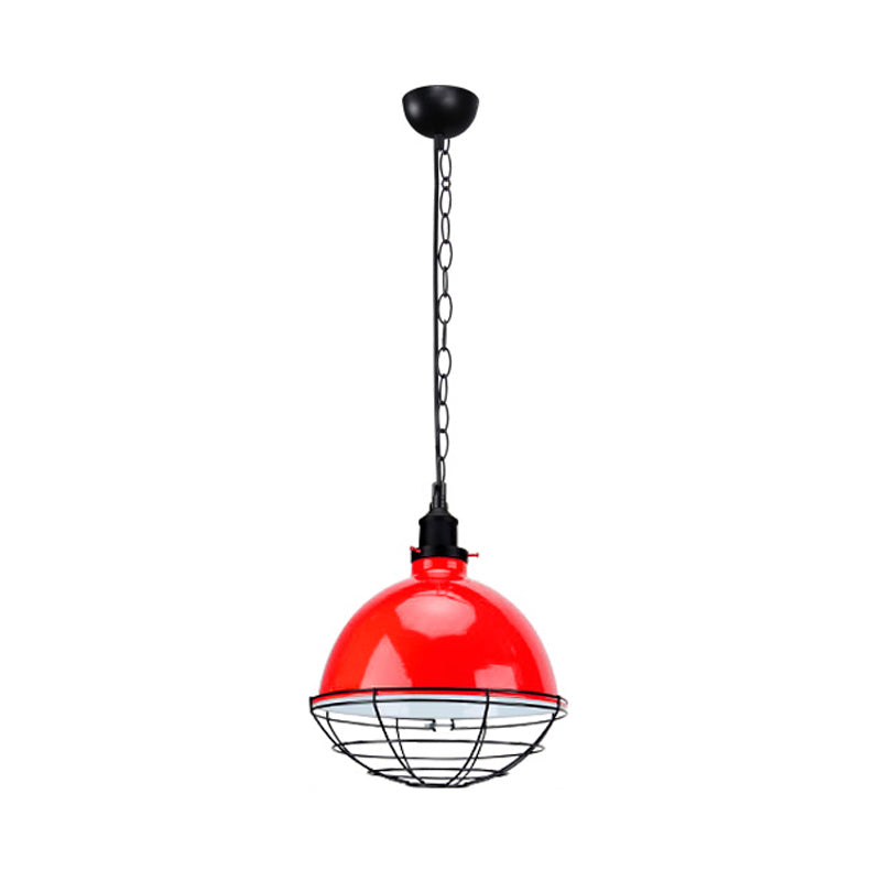 Retro Industrial Metal Pendant Light - Bowl Shade, 1 Bulb - Black/White/Red - Indoor Ceiling Light with Wire Guard and Chain