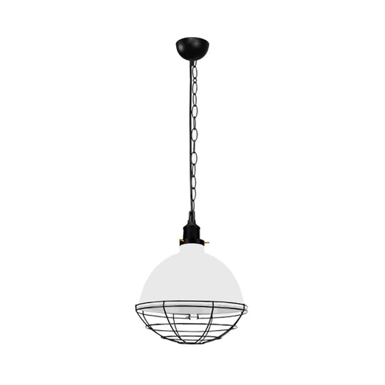 Retro Industrial Metal Pendant Light - Bowl Shade, 1 Bulb - Black/White/Red - Indoor Ceiling Light with Wire Guard and Chain