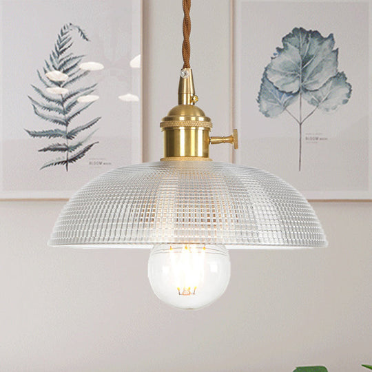 Industrial Clear Glass Saucer/Dome/Prismatic Brass Ceiling Pendant Light for Living Room