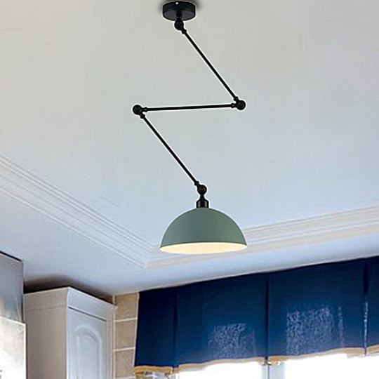 Industrial Style Metal Kitchen Pendant Lamp - Domed, Green/Yellow 1-Light Suspension with Extendable Arm