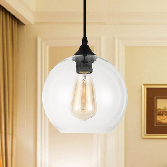 Industrial Globe Pendant Light | Wide 8"/10"/12" | 1-Light | Grey/Clear Glass | Black Hanging Lamp