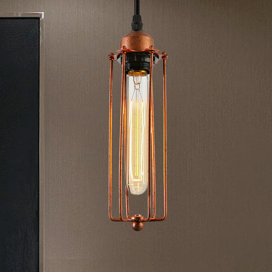 Vintage-Style 1-Bulb Dark Rust Tube Pendant Lighting with Wire Guard for Kitchen