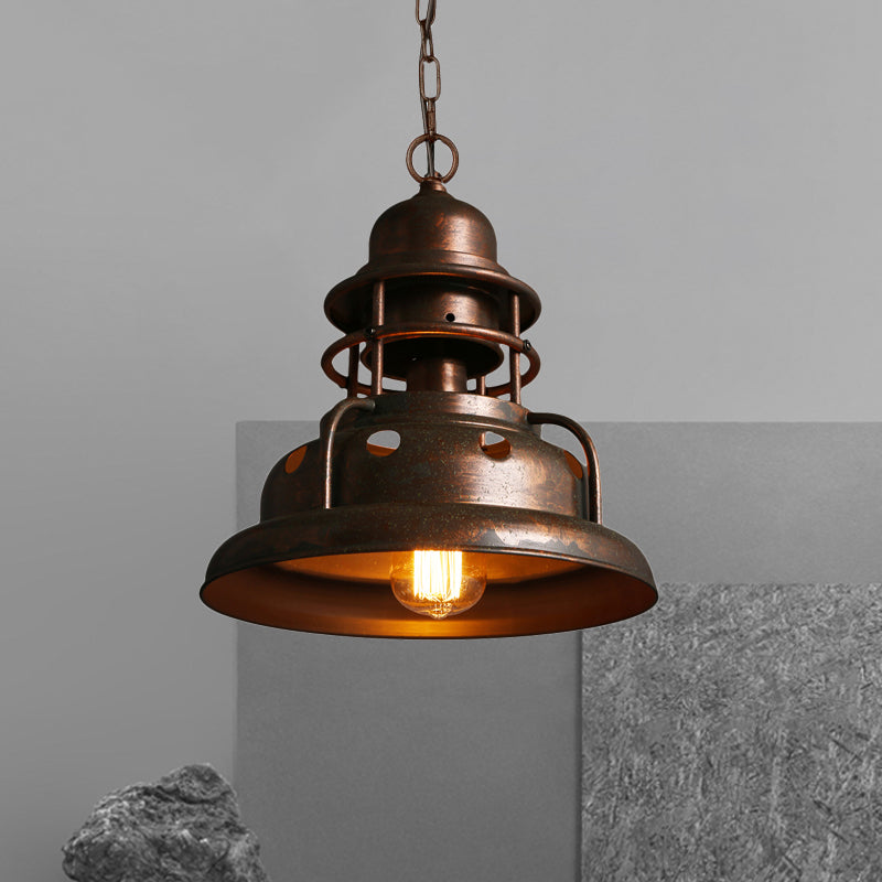 Rustic Barn Pendant Light with One Hanging Wrought Iron Fixture and Hole Design in Weathered Copper