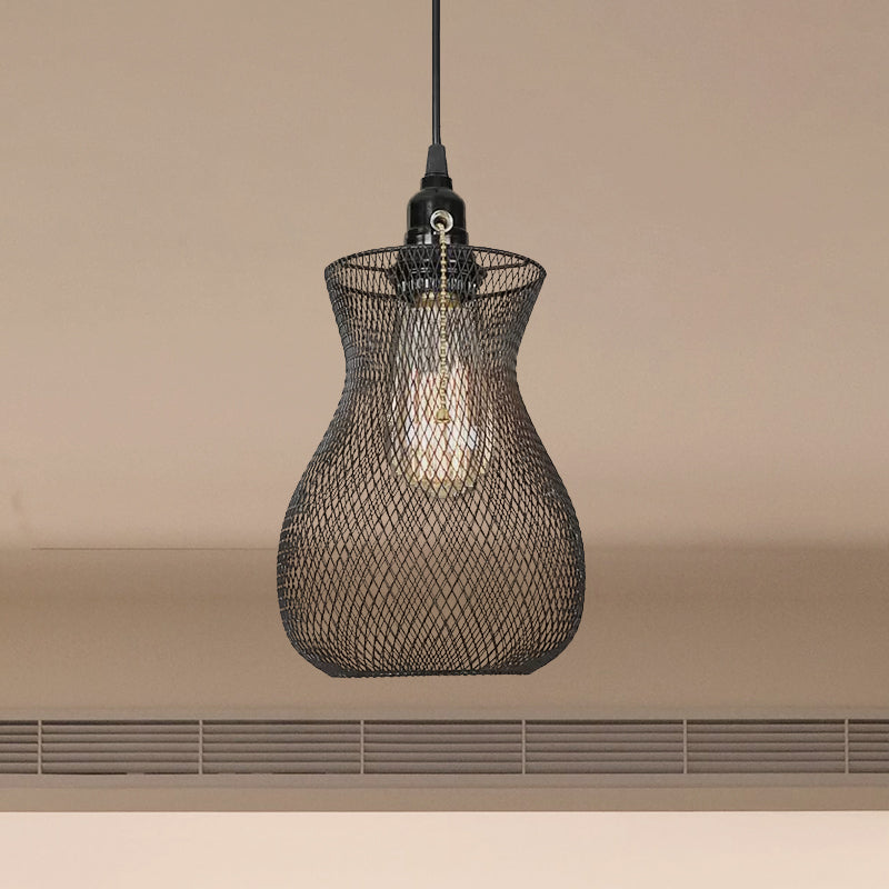 Industrial Metal Pendant Light with Black Wire Cage - Stylish Dining Room Hanging Fixture