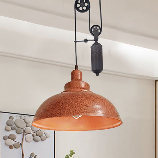 Rustic Industrial Dome Pendant Lamp with Pulley - 1 Light Metal Fixture in Brown/Grey for Living Room Lighting