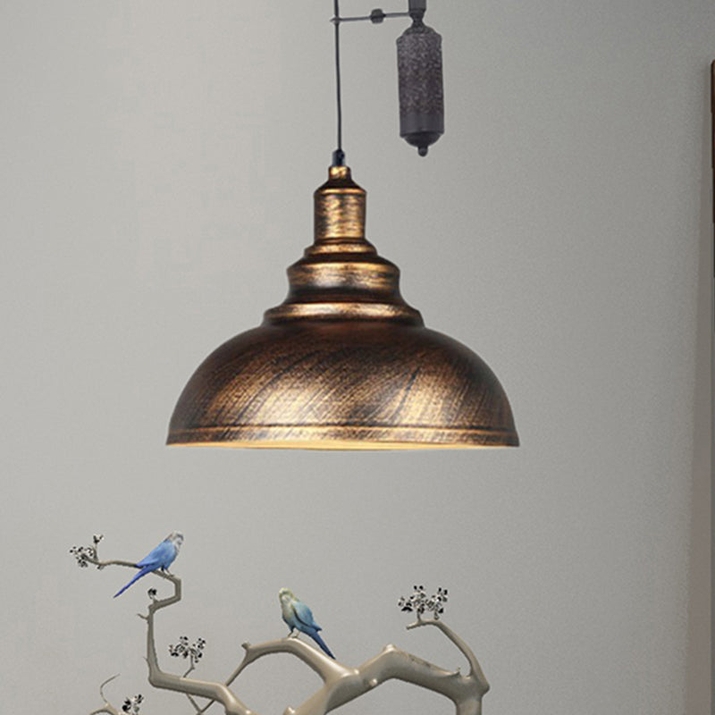 Rustic Industrial Dome Pendant Lamp with Pulley - 1 Light Metal Fixture in Brown/Grey for Living Room Lighting