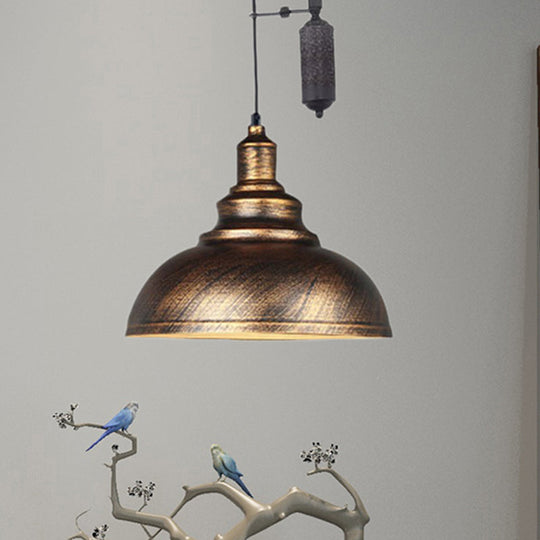 Rustic Industrial Dome Pendant Lamp with Pulley - 1 Light Metal Fixture in Brown/Grey for Living Room Lighting