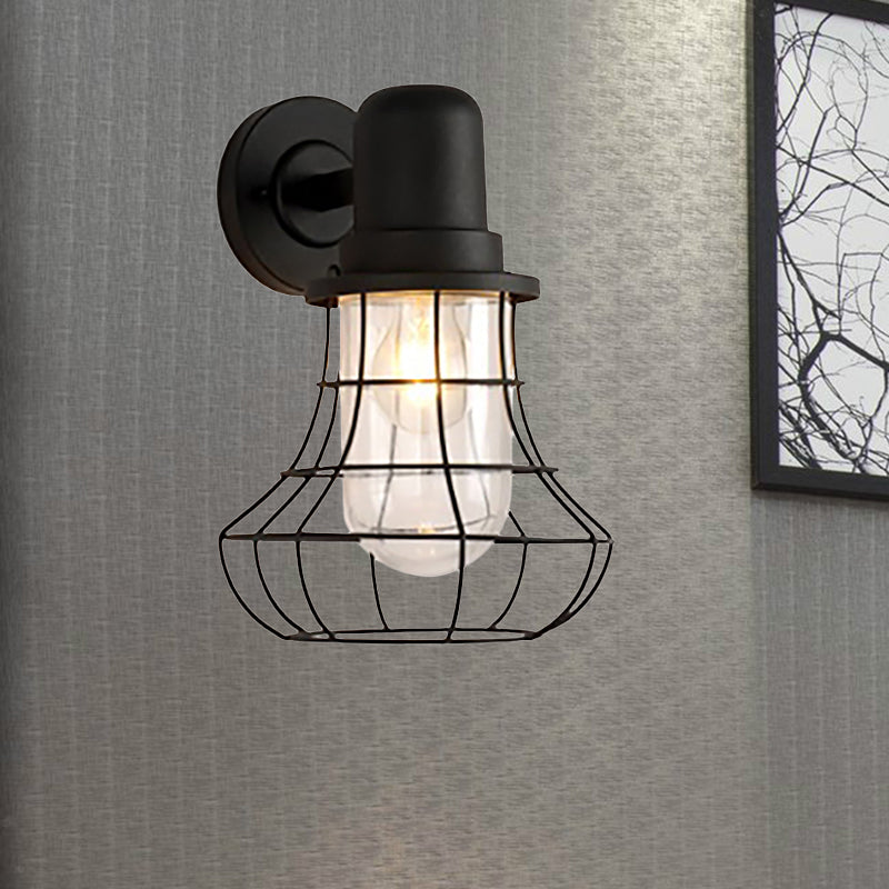 Industrial Black Metal Sconce Light with Clear Glass Shade for Porch - 1 Light Wire Frame Wall Lamp