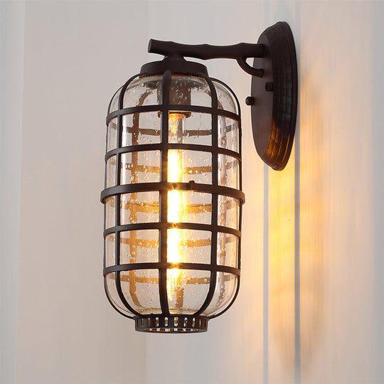 Industrial Wall Mounted Outdoor Lamp with Seedy Glass and Single Bulb in Black/Bronze, 5.5-8" Wide