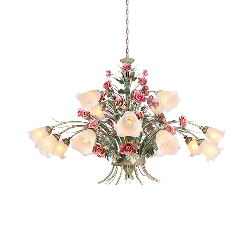 Country Style Metal Chandelier with Curving Arm - 16-Bulb LED Flower Pendant Light, Green - Ideal for Living Room Lighting