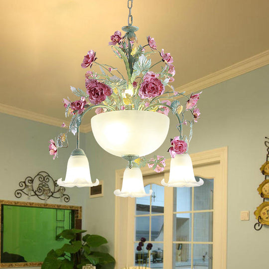 Green Metal Bowl Chandelier - Romantic Pastoral 5/7 Bulb Dining Room Drop Lamp with Rose Accents