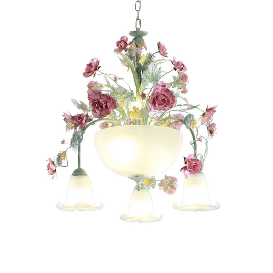 Green Metal Bowl Chandelier - Romantic Pastoral 5/7 Bulb Dining Room Drop Lamp with Rose Accents