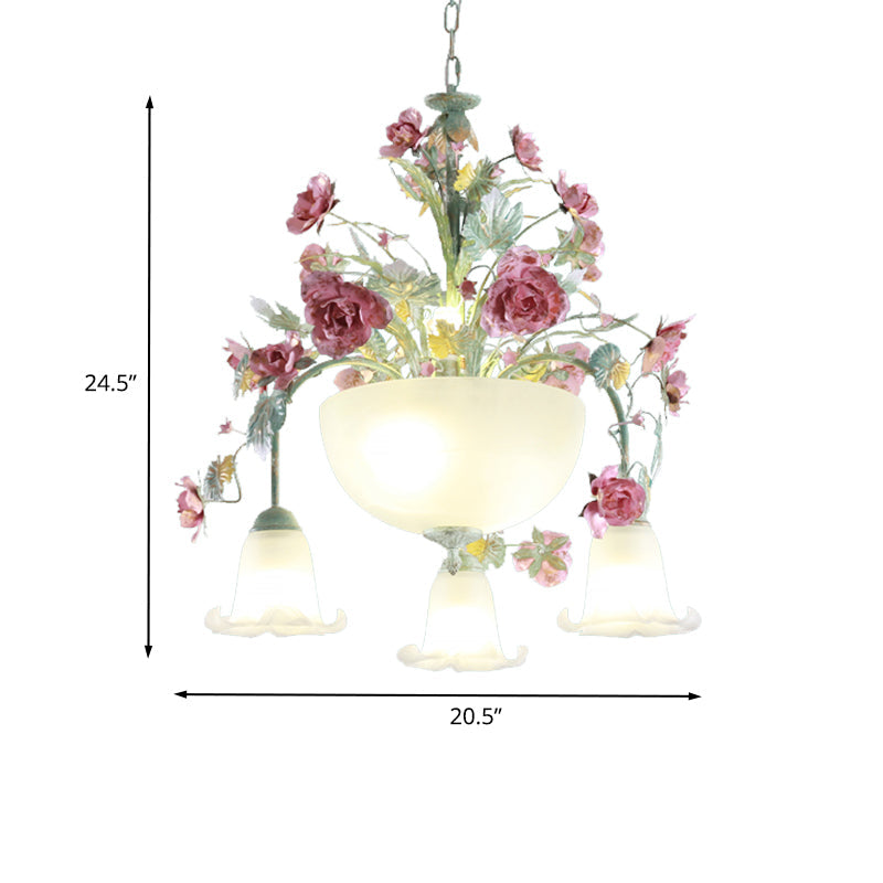Green Metal Bowl Chandelier - Romantic Pastoral 5/7 Bulb Dining Room Drop Lamp with Rose Accents