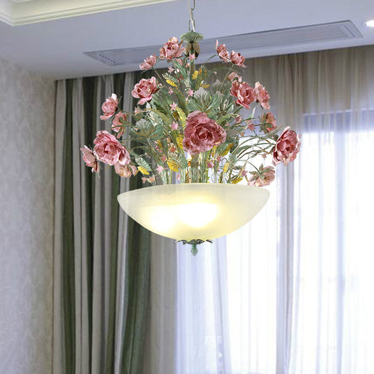 Green Metal Bowl Chandelier - Romantic Pastoral 5/7 Bulb Dining Room Drop Lamp with Rose Accents