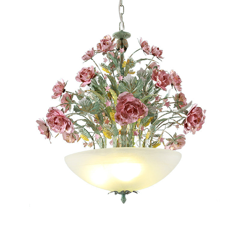 Green Metal Bowl Chandelier - Romantic Pastoral 5/7 Bulb Dining Room Drop Lamp with Rose Accents