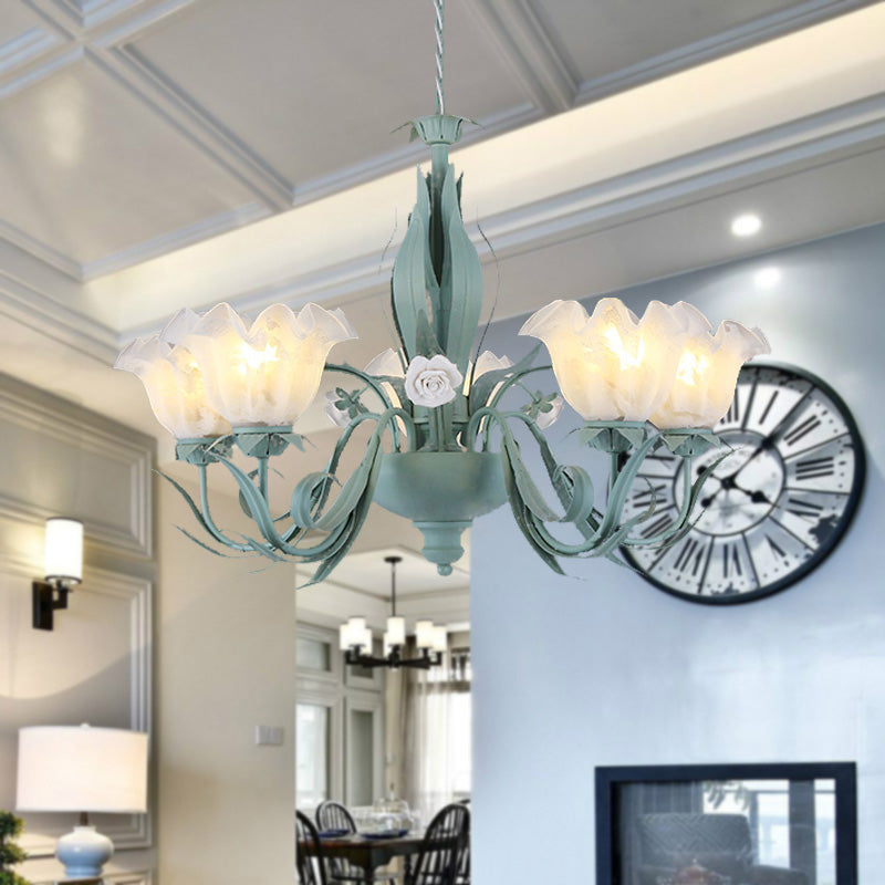 Countryside Curved Arm Chandelier Lamp in Aqua - Metal LED Drop Pendant (3/5/7 Bulbs) for Living Room