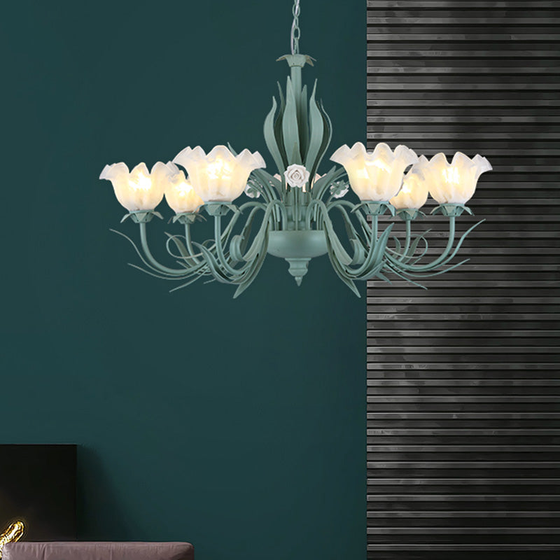 Countryside Curved Arm Chandelier Lamp in Aqua - Metal LED Drop Pendant (3/5/7 Bulbs) for Living Room
