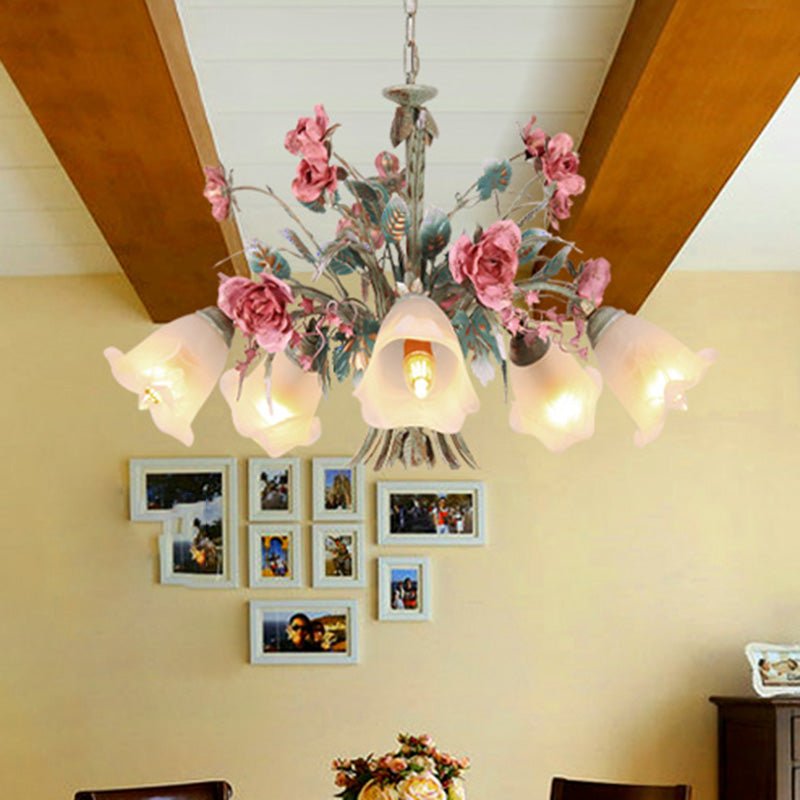 Green Metal Chandelier Light Fixture - Countryside Rose Down Lighting for Living Room (5/8 Bulbs)