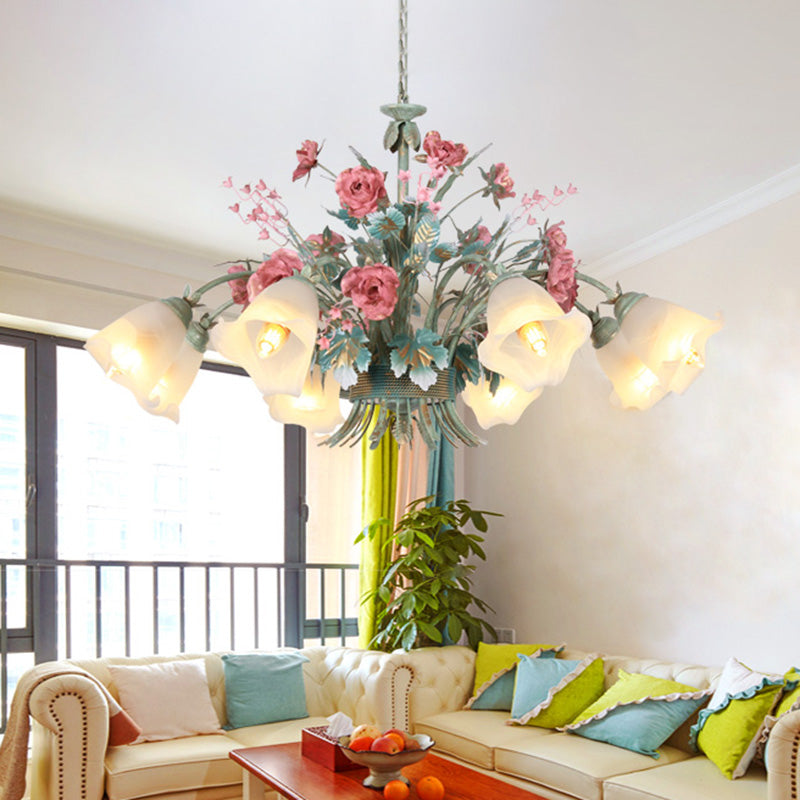 Green Metal Chandelier Light Fixture - Countryside Rose Down Lighting for Living Room (5/8 Bulbs)