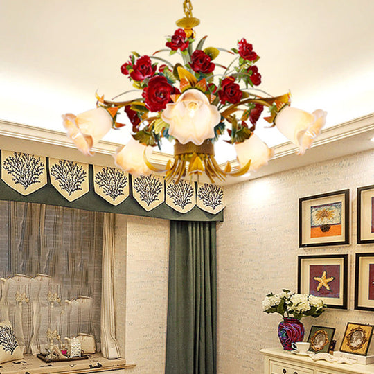 Yellow Flared Metal Ceiling Chandelier - Countryside LED Light Kit (5/8 Bulbs) for Living Room