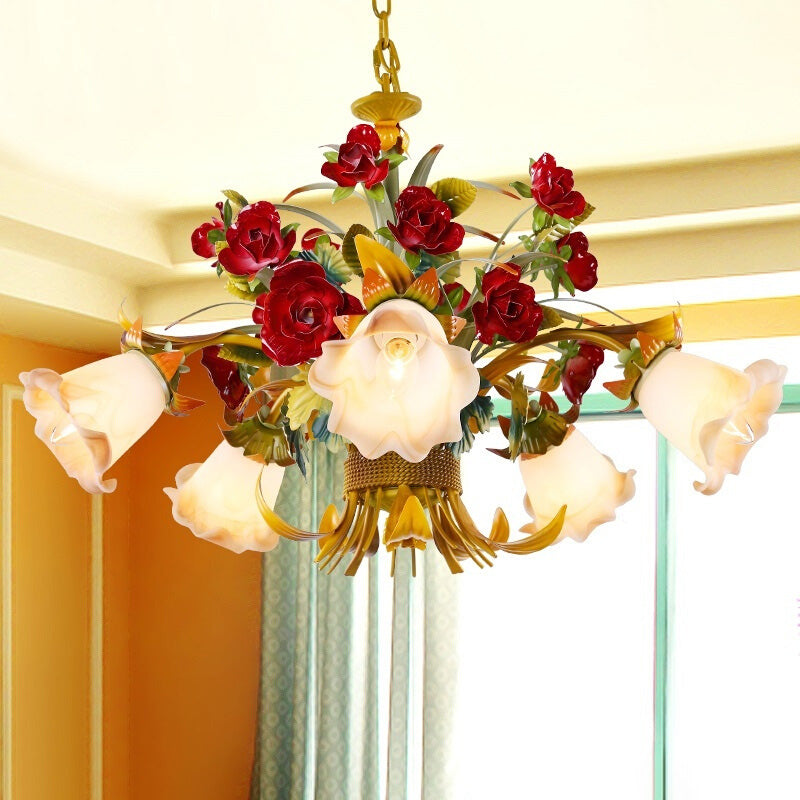 Yellow Flared Metal Ceiling Chandelier - Countryside LED Light Kit (5/8 Bulbs) for Living Room
