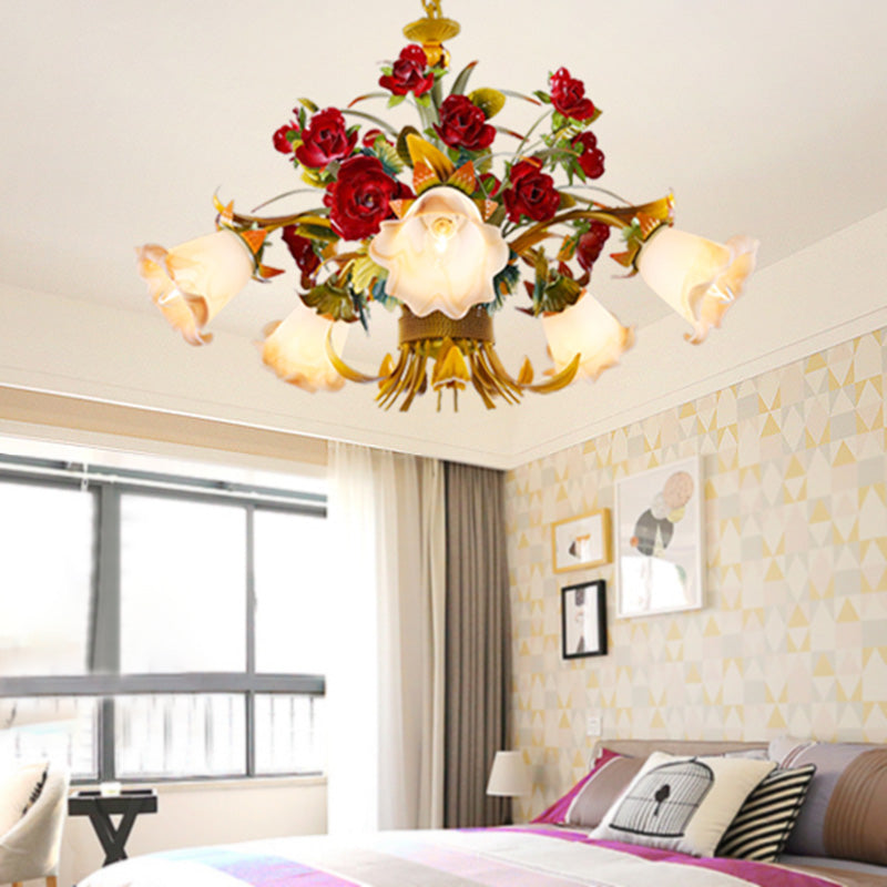 Yellow Flared Metal Ceiling Chandelier - Countryside LED Light Kit (5/8 Bulbs) for Living Room