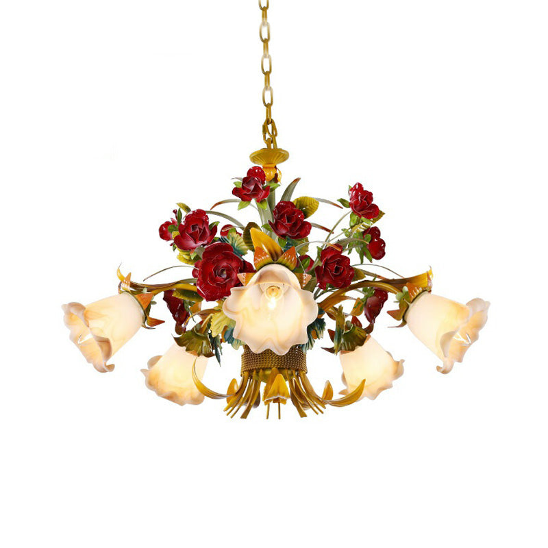 Yellow Flared Metal Ceiling Chandelier - Countryside LED Light Kit (5/8 Bulbs) for Living Room