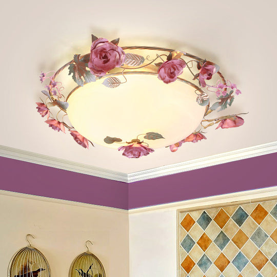 Rustic Metal Bowl Ceiling Lamp with Flower Decor - Flush Mount Light Fixture for Dining Room - White - 2/3/4 Bulbs