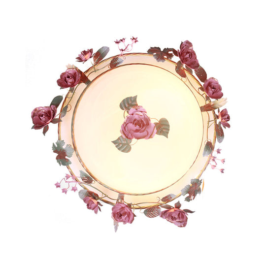 Rustic Metal Bowl Ceiling Lamp with Flower Decor - Flush Mount Light Fixture for Dining Room - White - 2/3/4 Bulbs