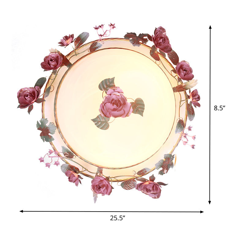 Rustic Metal Bowl Ceiling Lamp with Flower Decor - Flush Mount Light Fixture for Dining Room - White - 2/3/4 Bulbs