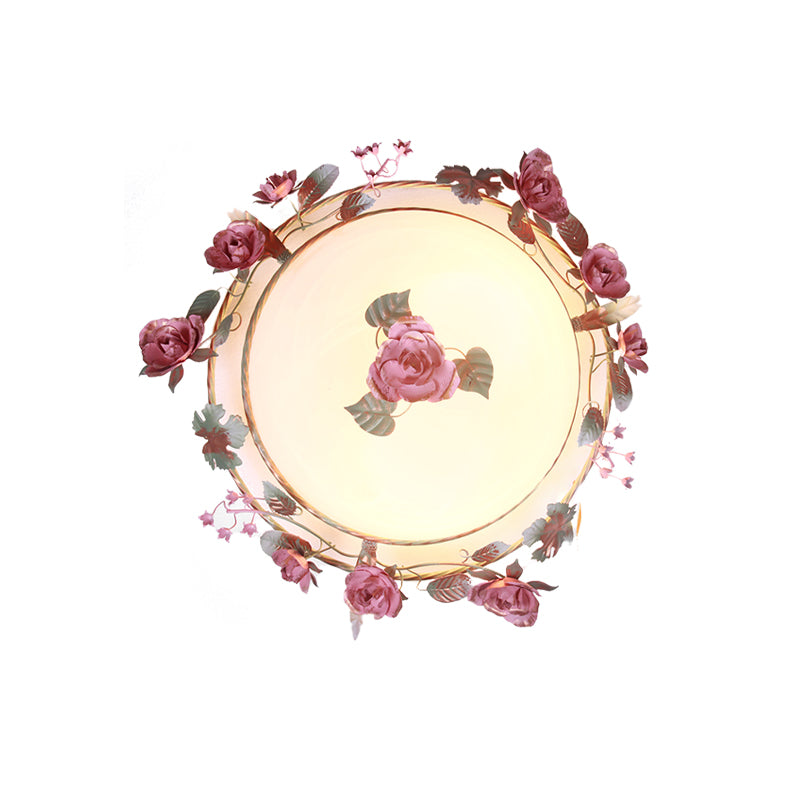 Rustic Metal Bowl Ceiling Lamp with Flower Decor - Flush Mount Light Fixture for Dining Room - White - 2/3/4 Bulbs