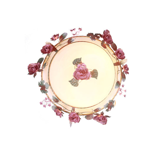 Rustic Metal Bowl Ceiling Lamp with Flower Decor - Flush Mount Light Fixture for Dining Room - White - 2/3/4 Bulbs