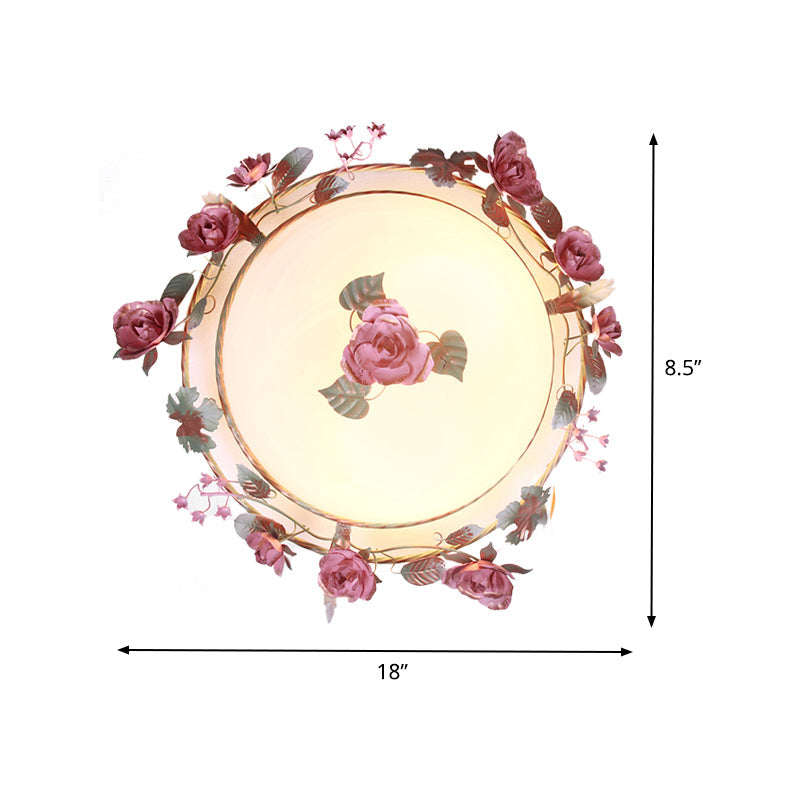 Rustic Metal Bowl Ceiling Lamp with Flower Decor - Flush Mount Light Fixture for Dining Room - White - 2/3/4 Bulbs