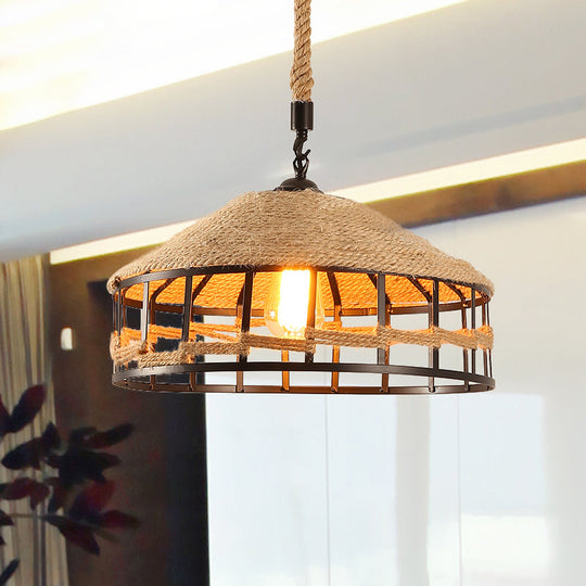 Mongolian Yurts Vintage Rope Pendant Light Fixture - Beige with Wire Cage (12"/16"/19.5" W)
