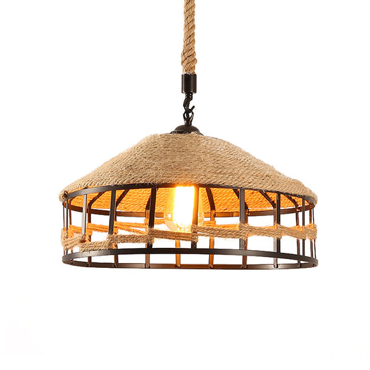 Mongolian Yurts Vintage Rope Pendant Light Fixture - Beige with Wire Cage (12"/16"/19.5" W)