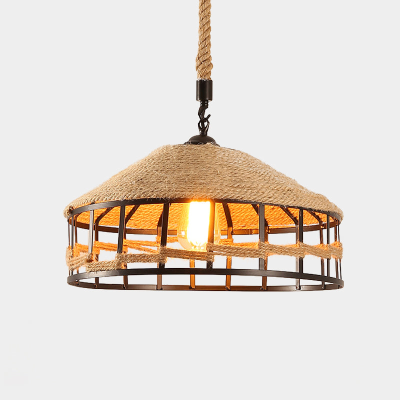 Mongolian Yurts Vintage Rope Pendant Light Fixture - Beige with Wire Cage (12"/16"/19.5" W)