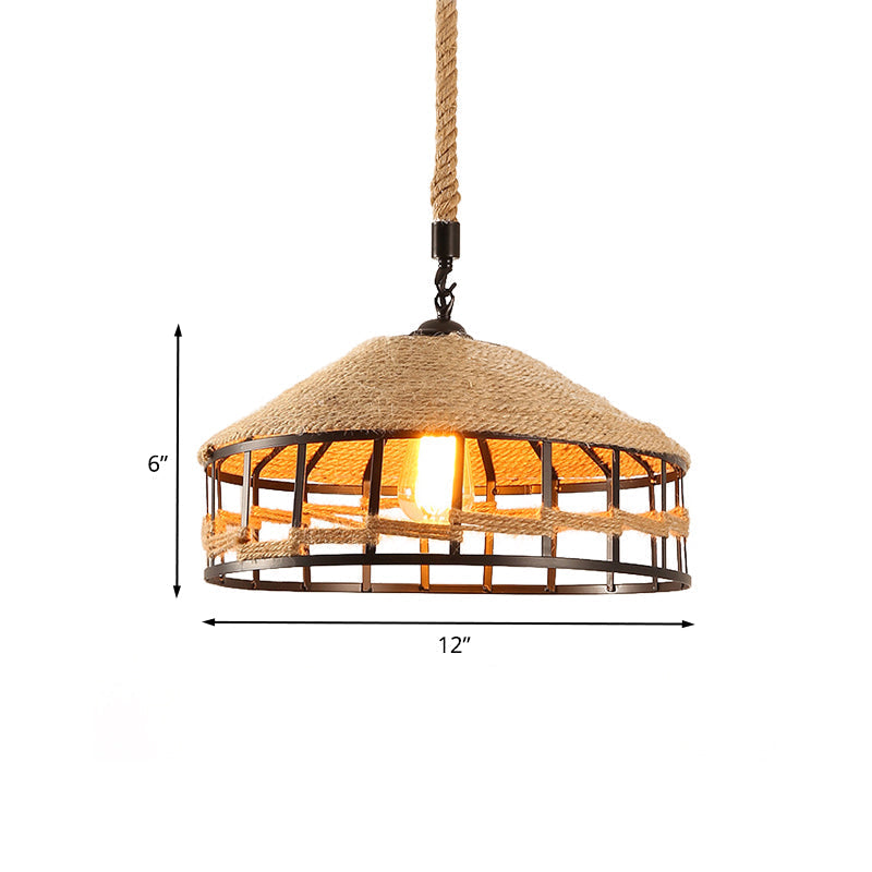 Mongolian Yurts Vintage Rope Pendant Light Fixture - Beige with Wire Cage (12"/16"/19.5" W)