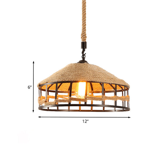 Mongolian Yurts Vintage Rope Pendant Light Fixture - Beige with Wire Cage (12"/16"/19.5" W)