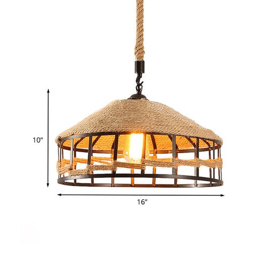 Mongolian Yurts Vintage Rope Pendant Light Fixture - Beige with Wire Cage (12"/16"/19.5" W)