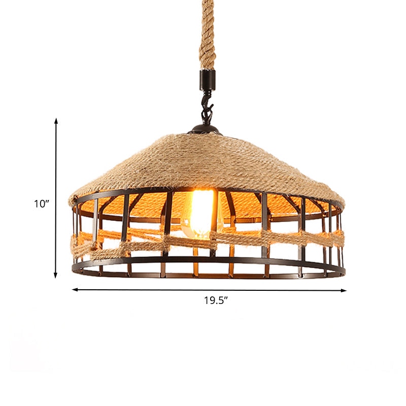 Mongolian Yurts Vintage Rope Pendant Light Fixture - Beige with Wire Cage (12"/16"/19.5" W)