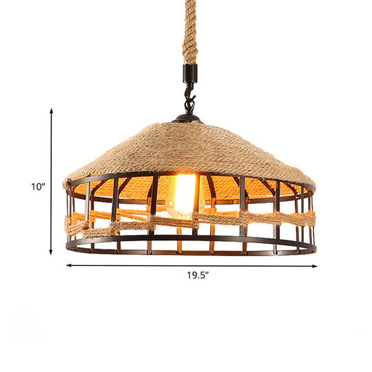 Mongolian Yurts Vintage Rope Pendant Light Fixture - Beige with Wire Cage (12"/16"/19.5" W)