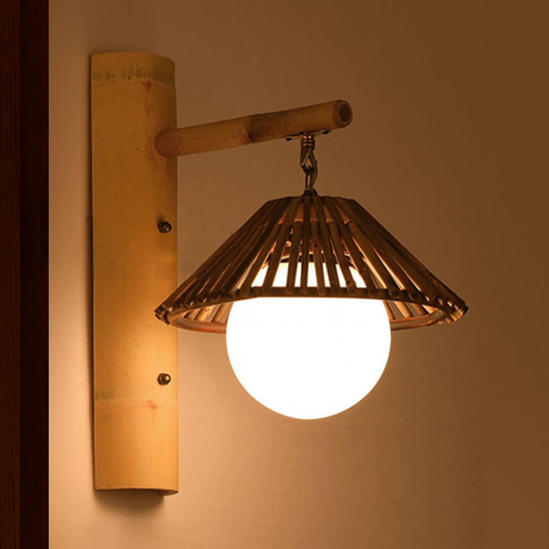 Bamboo Cone 1-Light Asian Style Wall Lamp - Brown with White Glass Ball Shade