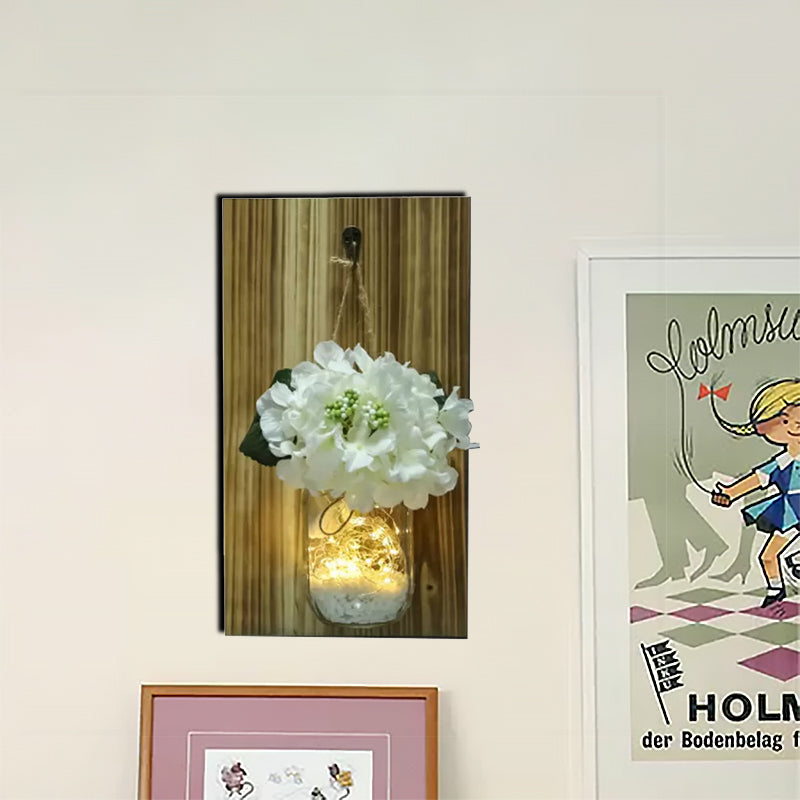 Nordic Glass Jar Flower Wall String Light with Wood Backplate, White Twinkle Light